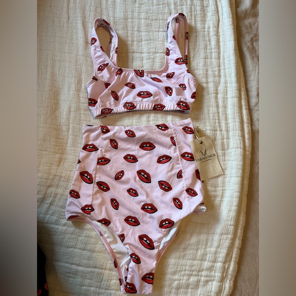 Lip Print Pink And Red High Waist Bikini - Picture 1 of 3